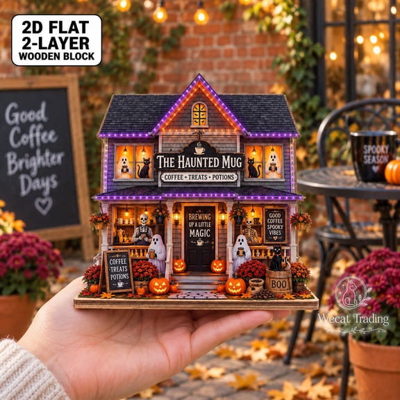 Wooden Block Halloween Haunted Coffee Shop 2-Layer Tabletop Accent for Cafe Owners
