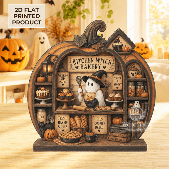 Wooden Block Halloween Kitchen Witch Bakery Wood Shelf Sitter for Baking Lovers