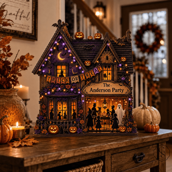 Wooden Block Halloween Personalized Haunted House Wood Tabletop Sign for Halloween Party Hosts
