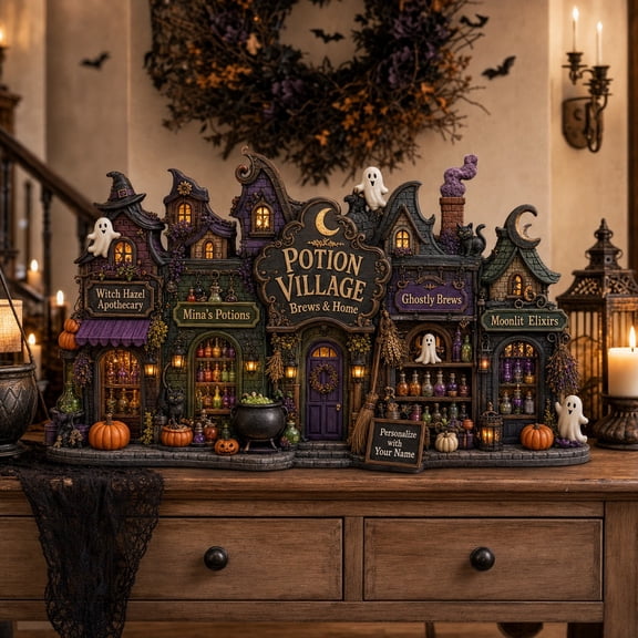 Wooden Block Halloween Potion Village Wood Tabletop Decor for Mantel Shelf Halloween Fans