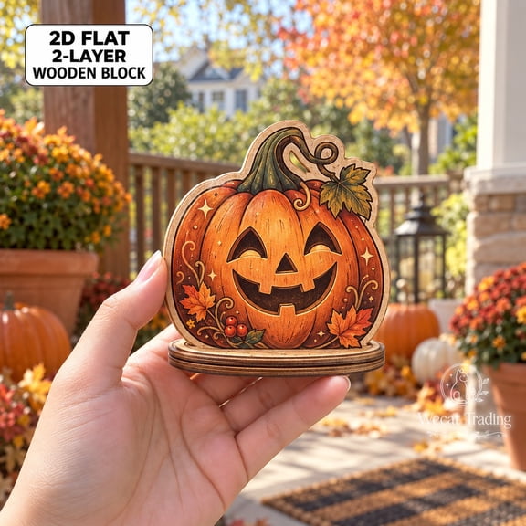 Wooden Block Halloween Pumpkin 2-Layer Tabletop Display for Fall Parties