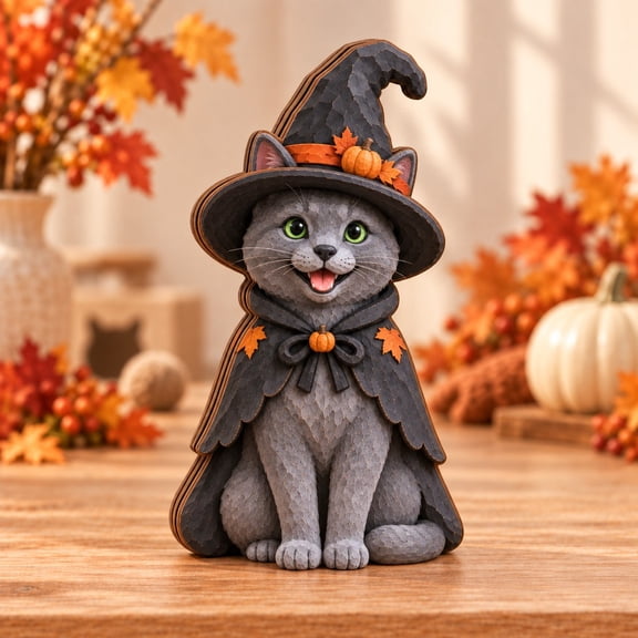 Wooden Block Halloween Russian Blue Cat 3-Layer Tabletop Decor for Feline Lovers
