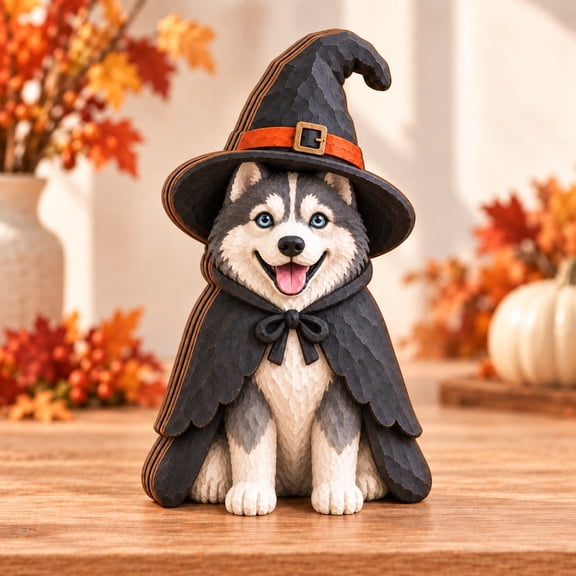 Wooden Block Halloween Siberian Husky Witch 3 Layer Tabletop Display for Dog Lovers