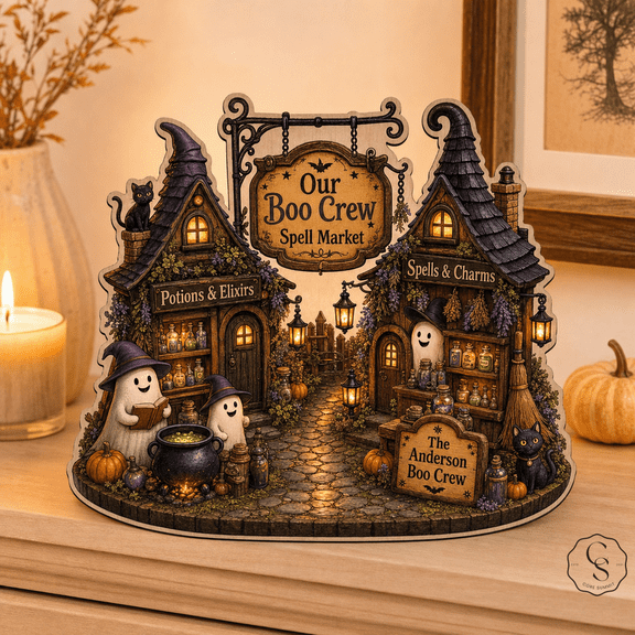Wooden Block Halloween Spell Market Wood Tabletop Display for Personalized Family Decor