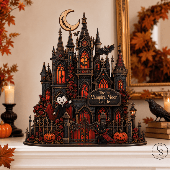 Wooden Block Halloween Vampire Moon Castle Wood Tabletop Decor for Gothic Halloween Fans