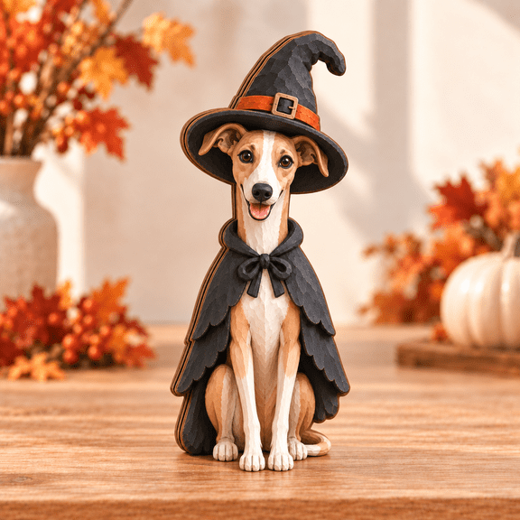 Wooden Block Halloween Whippet Witch Tabletop Display for Dog Lovers