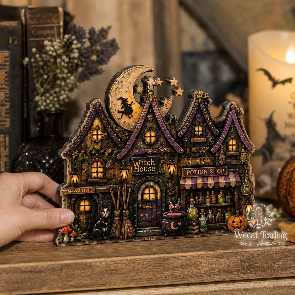 Wooden Block Halloween Witch House 2 Layer Wood Shelf Display for ...