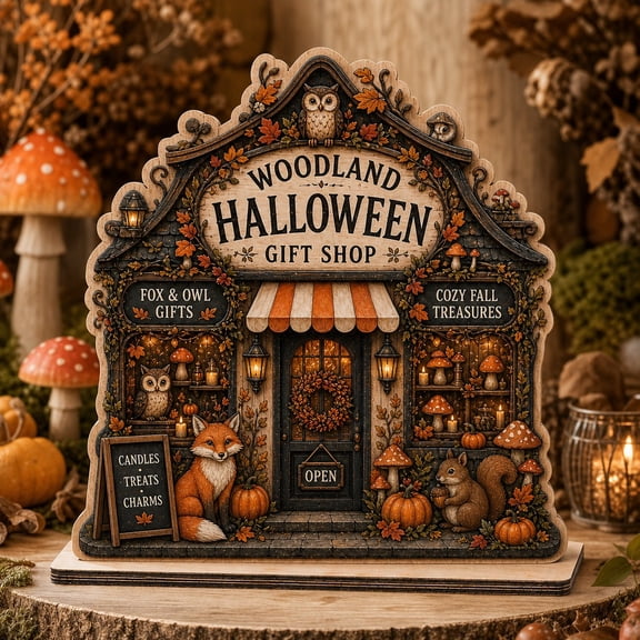 Wooden Block Halloween Woodland Shop Wooden Tabletop Shelf Decor for Fall Gifting