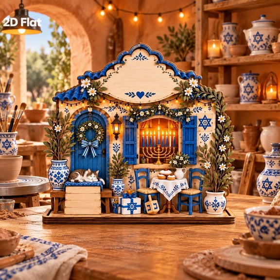 Wooden Block Hanukkah Pottery Studio Tabletop Display for Ceramic Art Lovers