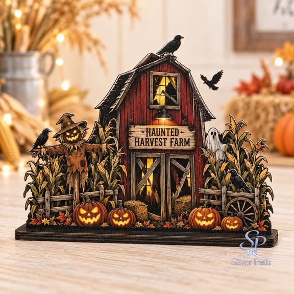 Wooden Block Haunted Harvest Farm with Scarecrow, Ghosts and Jack O Lanterns Shelf Sitter for Halloween