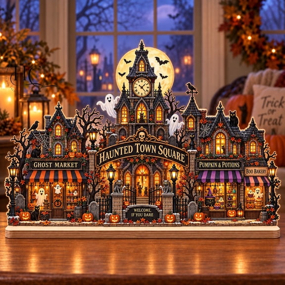 Wooden Block Haunted Town Square Ghost Village Tabletop Display for Halloween Hosts