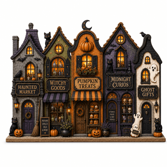 Wooden Block Haunted Village Wooden Halloween Shop Shelf Decor for Gothic Fall Decor