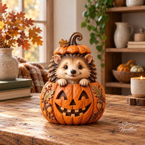 Wooden Block Hedgehog Pumpkin Tabletop Display for Halloween Hosts