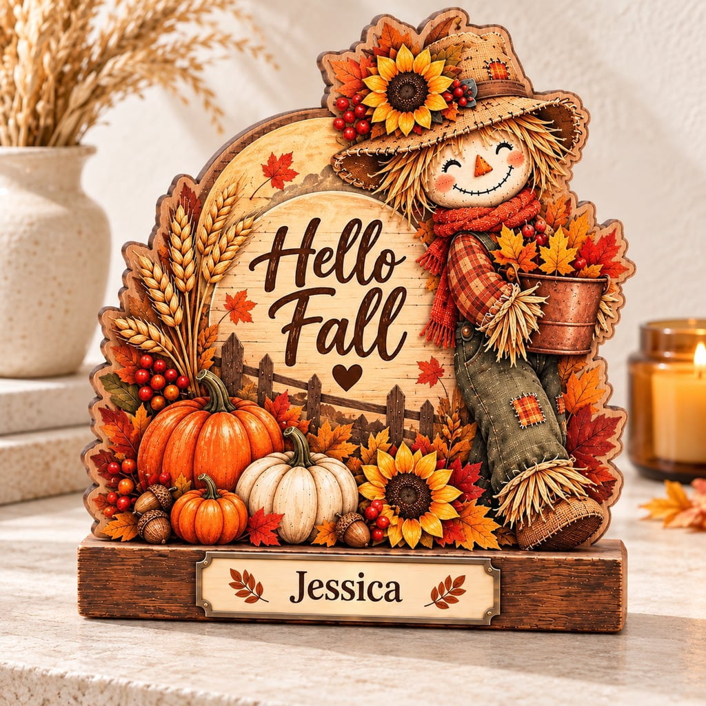 Wooden Block Hello Fall Scarecrow Design Decor for Home Autumn ...