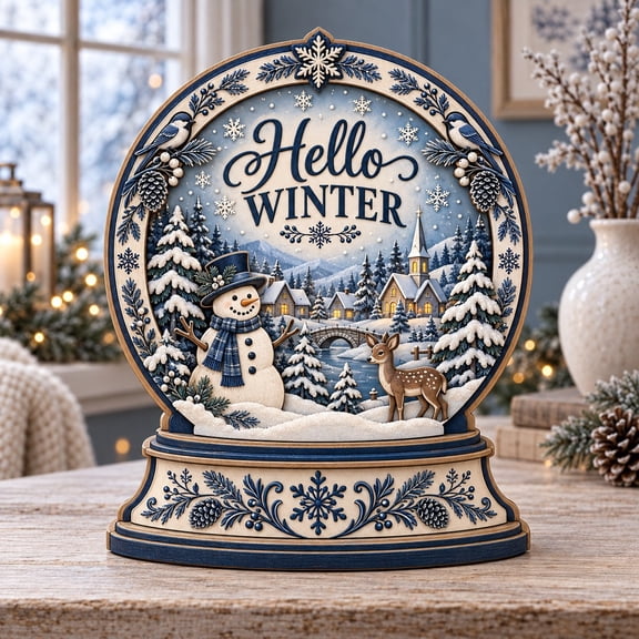 Wooden Block Hello Winter Snow Globe Tabletop Display for Seasonal Gifting