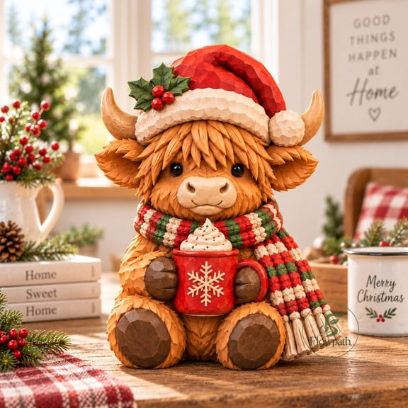 Wooden Block Highland Cow Santa Hat Figurine for Christmas Mantel Display
