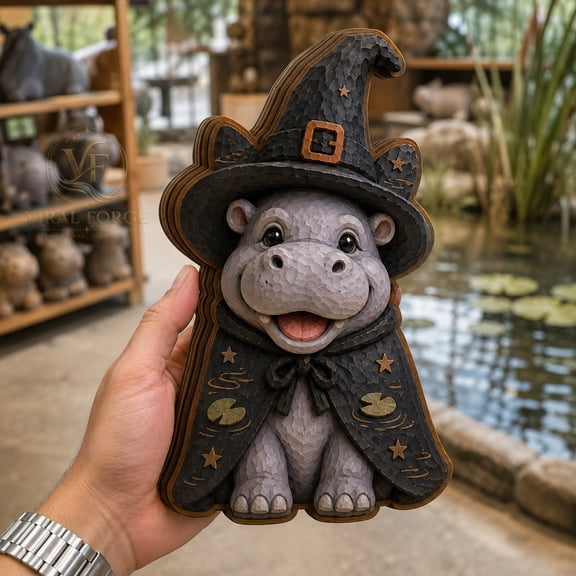 Wooden Block Hippo Witch 3 Layer Shelf Sitter for Halloween Animal Lovers
