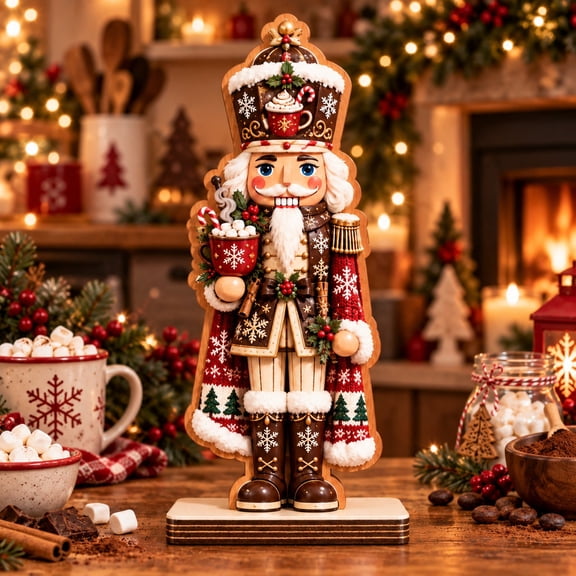 Wooden Block Hot Cocoa Nutcracker Tabletop Display for Christmas Kitchen