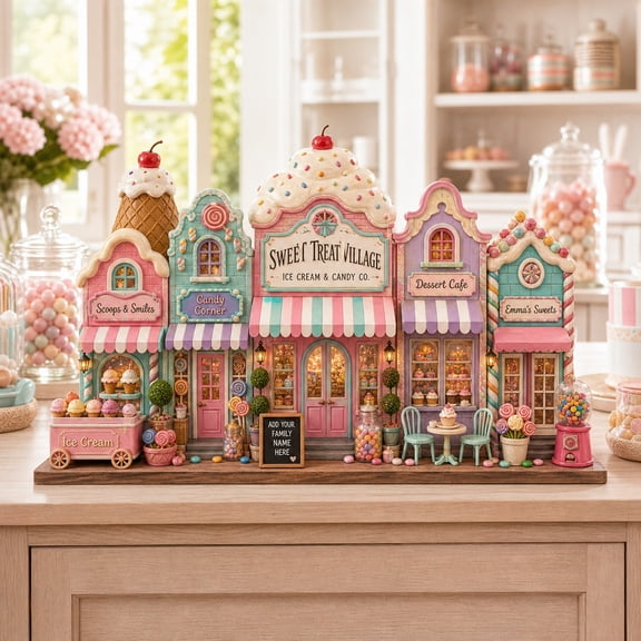 Wooden Block Ice Cream Candy Village Wood Tabletop Christmas Decor for Holiday Mantel Display