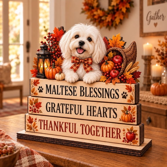 Wooden Block Maltese Harvest Scene for Tabletop Display, Thanksgiving Gift for Dog Lovers