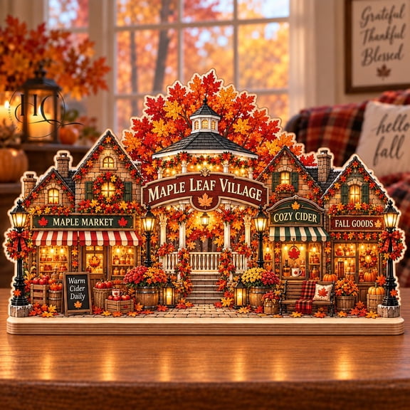 Wooden Block Maple Leaf Village Autumn Scene Tabletop Display for Fall Gatherings