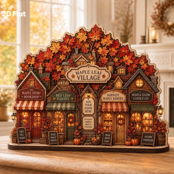 Wooden Block Maple Leaf Village Wood Tabletop Decor for Fall Thanksgiving Housewarming Gift