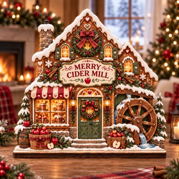 Wooden Block Merry Cider Mill Christmas Tabletop Display for Holiday Hosts