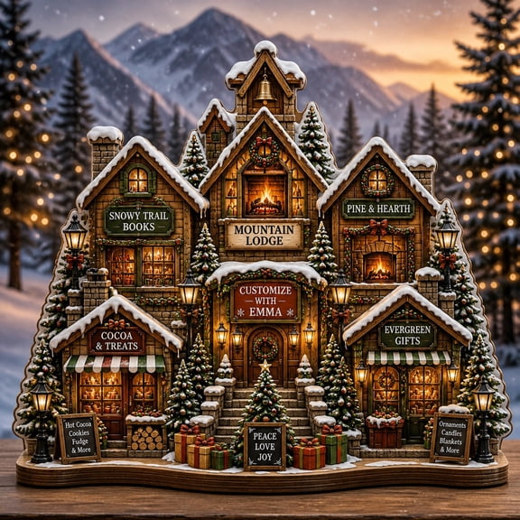Wooden Block Mountain Lodge Christmas Town Wood Tabletop Display for Christmas Gift
