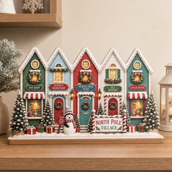 Wooden Block North Pole Village Wood Tabletop Christmas Decor for Holiday Mantel Shelf Display