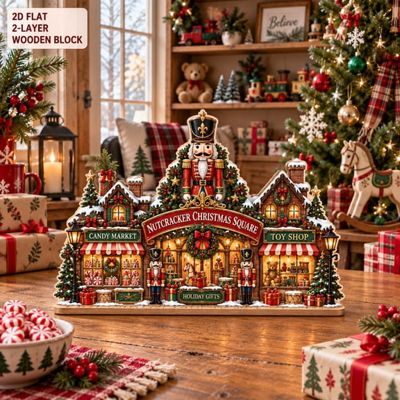 Wooden Block Nutcracker Christmas Square Scene for Tabletop Display, Holiday Gift
