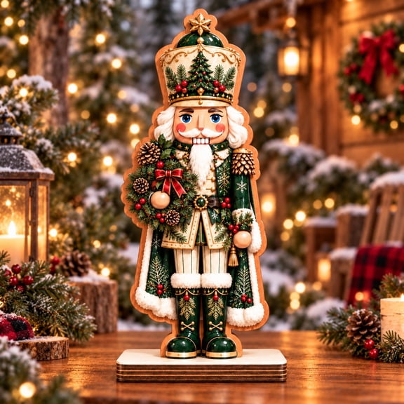 Wooden Block Nutcracker Evergreen Forest Tabletop Display for Christmas