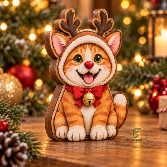 Wooden Block Orange Tabby Reindeer Christmas Figurine for Holiday Display