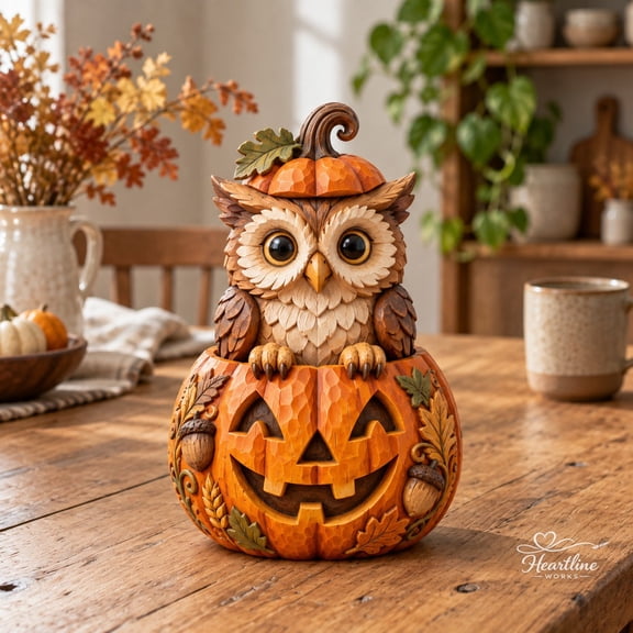 Wooden Block Owl Pumpkin Carved-Style Tabletop Ornament for Halloween