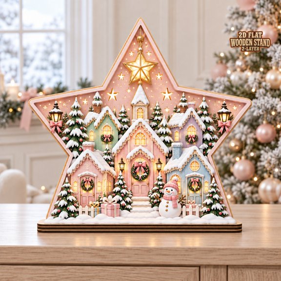 Wooden Block Pastel Christmas Village Star Lantern Tabletop Display for Holiday Decor