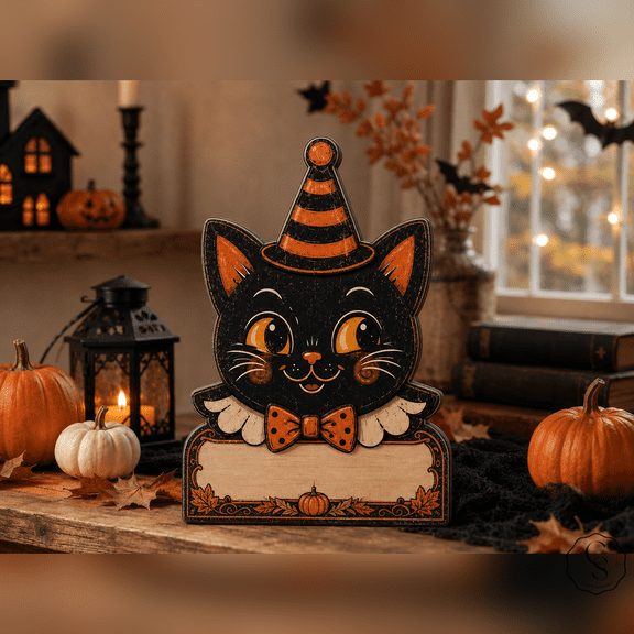 Wooden Block Personalized Black Cat Halloween Wood Tabletop Display for Pet Lovers