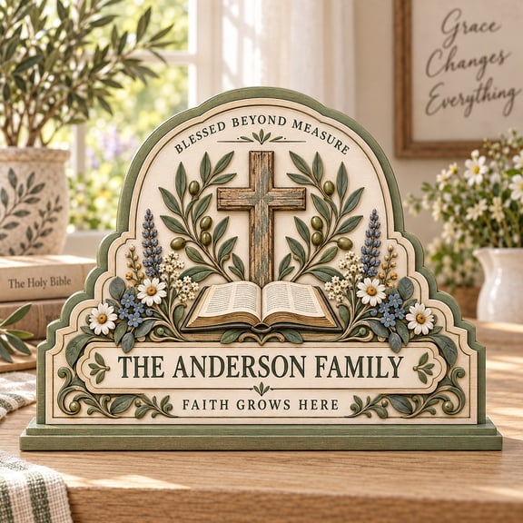 Wooden Block Personalized Cross and Bible Wood Tabletop Display for Christian Family Gift