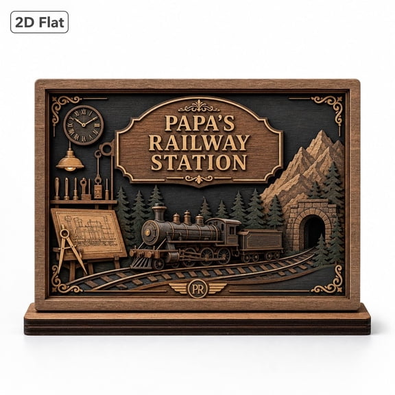 Wooden Block Personalized Railway Station Sign Wood Model Train Decor for Father's Day