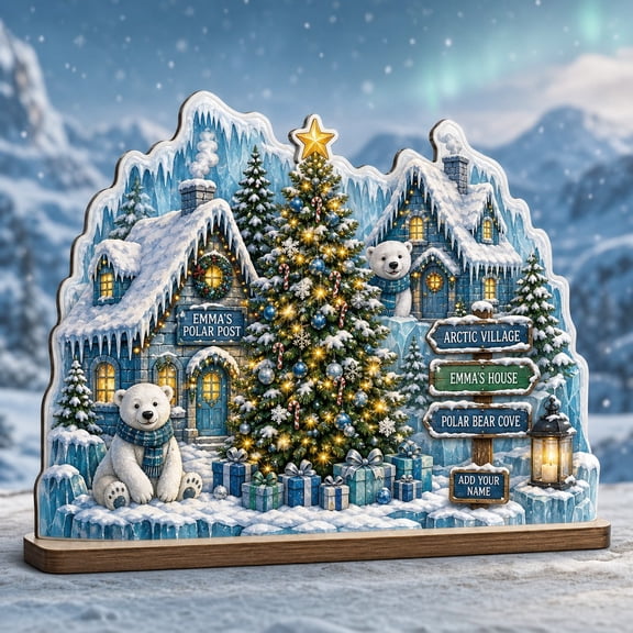 Wooden Block Polar Bear Christmas Village Wood Freestanding Tabletop Display Christmas Gift