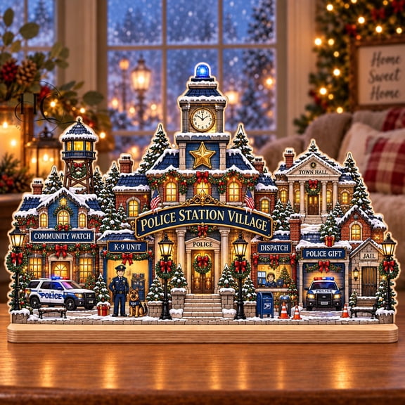 Wooden Block Police Station Village Holiday Tabletop Display for Law Enforcement
