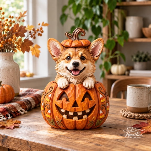 Wooden Block Pomeranian Pumpkin Tabletop Display for Halloween Dog Lovers