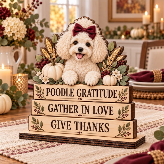Wooden Block Poodle Gratitude Thanksgiving Tabletop Centerpiece for Dog Lovers, Hostess Gift