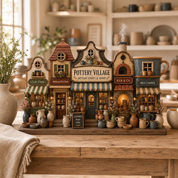 Wooden Block Pottery Village Christmas Decor Wood Tabletop Display for Ceramic Studio Fans