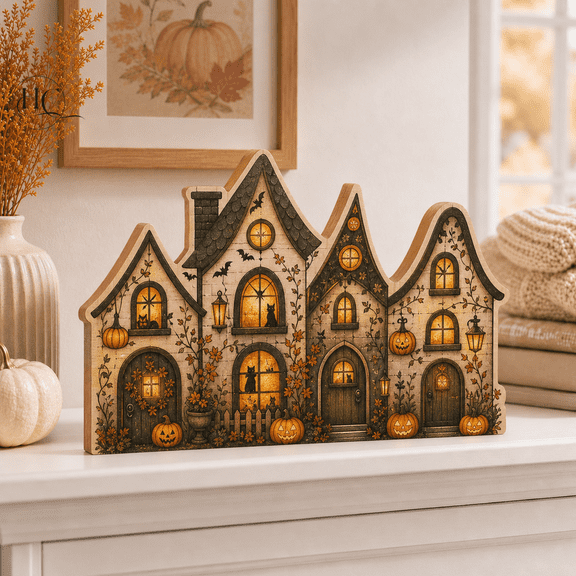 Wooden Block Pumpkin Lantern Village Wood Shelf Decor for Halloween Home 2-Layer (10mm)