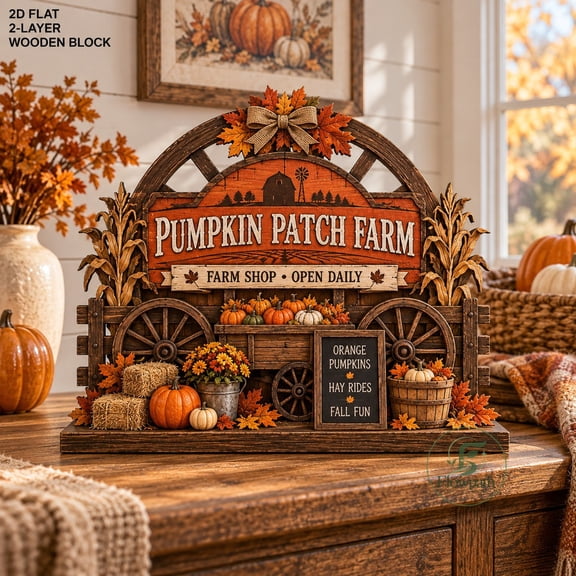 Wooden Block Pumpkin Patch Farm 2-Layer Tabletop Display for Autumn Harvest Lovers