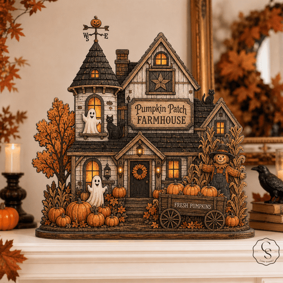 Wooden Block Pumpkin Patch Haunted Farmhouse Wood Shelf Decor for Halloween Mantel Display