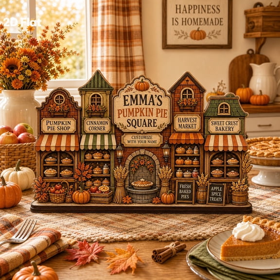 Wooden Block Pumpkin Pie Square Wood Tabletop Halloween Decoration for Fall Kitchen