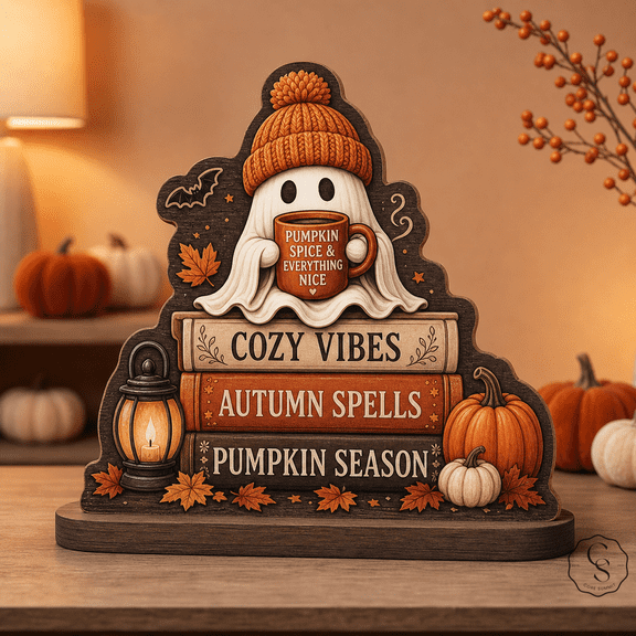 Wooden Block Pumpkin Spice Ghost Wood Shelf Sitter for Halloween Fall Decor