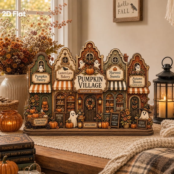 Wooden Block Pumpkin Village Halloween Decor for Tabletop Display and Fall Decorating