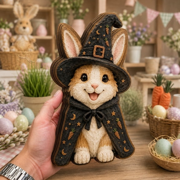 Wooden Block Rabbit Witch Hat 3 Layer Shelf Sitter for Easter Halloween Decor
