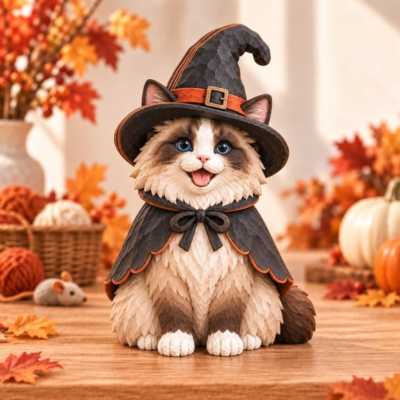 Wooden Block Ragdoll Cat Witch Halloween Tabletop Display for Feline Lovers